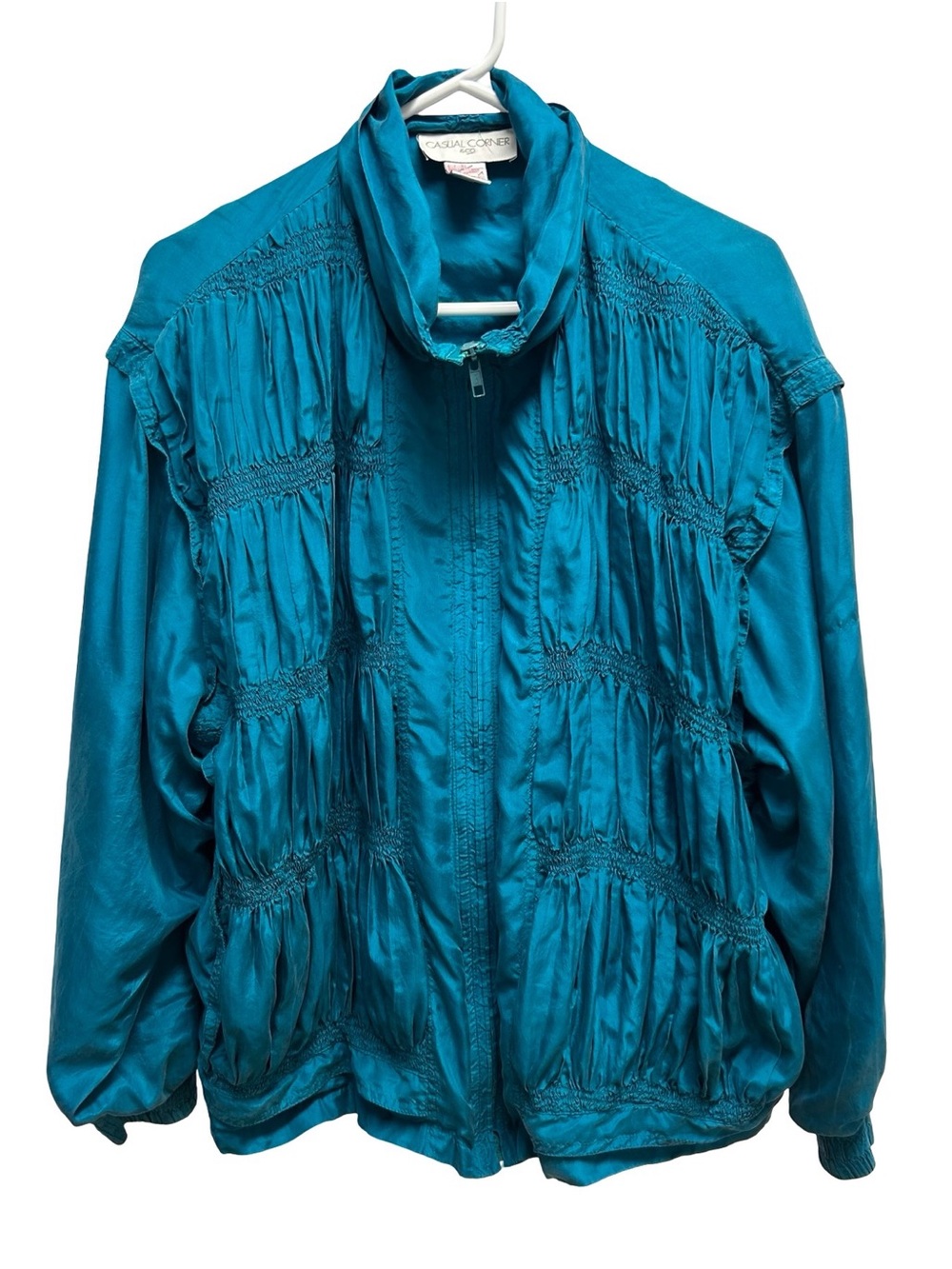 Vintage TEAL 80s Casual Corner Smocked Silk Blend Bomber Jacket
